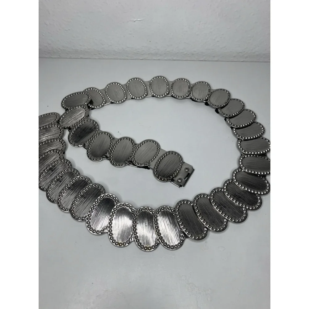 Vintage Silver Tone Metal & Black Elastic Stretch Textured Oval Medallions 2XL